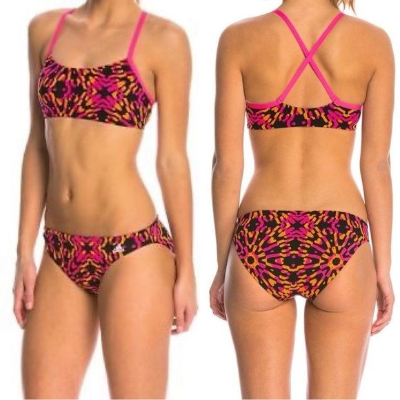 Adidas Women’s Kaleidoscope Open Scop Two Piece Swimsuit Beach Pink Orange S - Picture 1 of 14